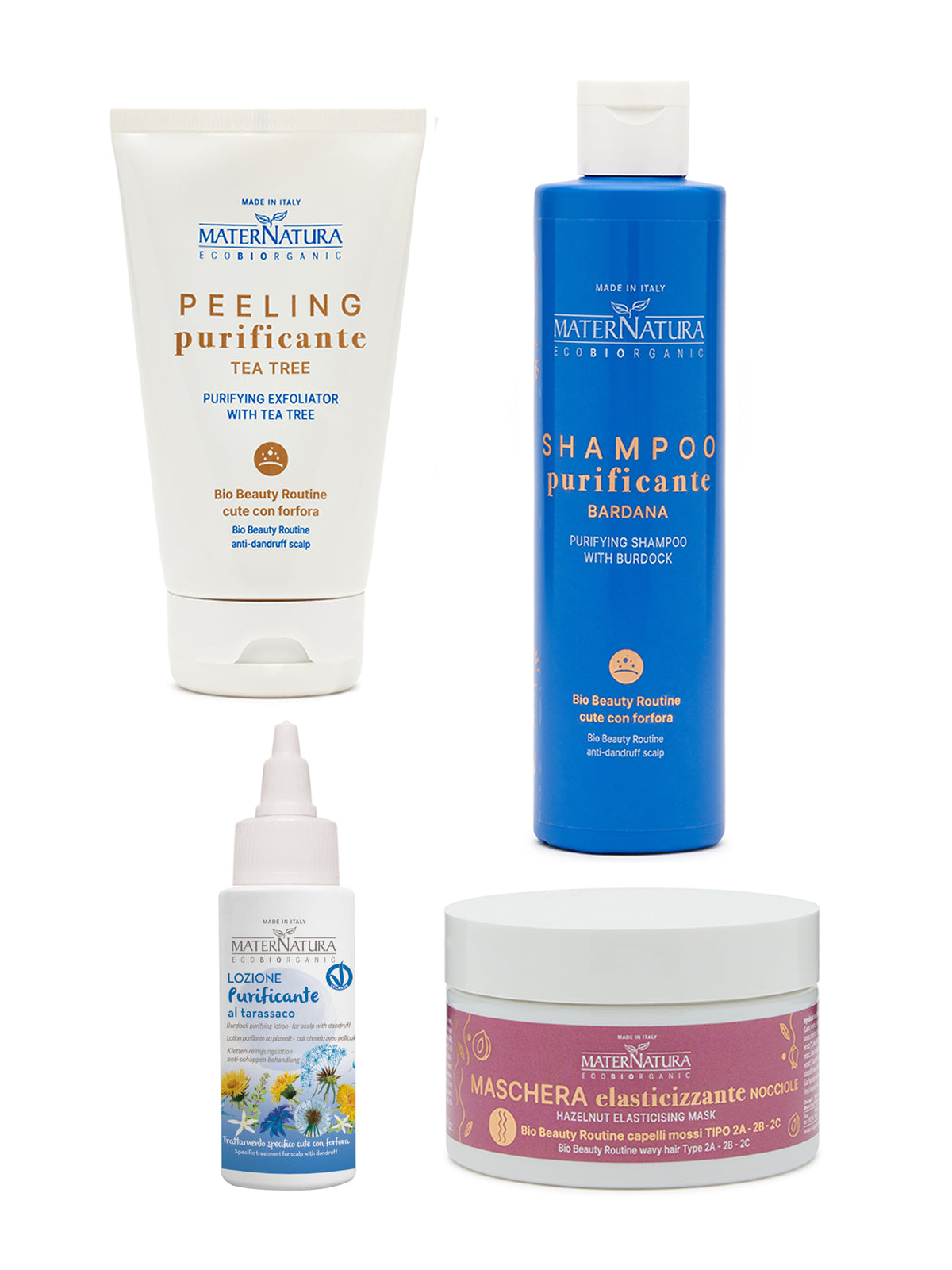 Peeling tea tree + shampoo bardana + lozione tarassaco + maschera nocciola