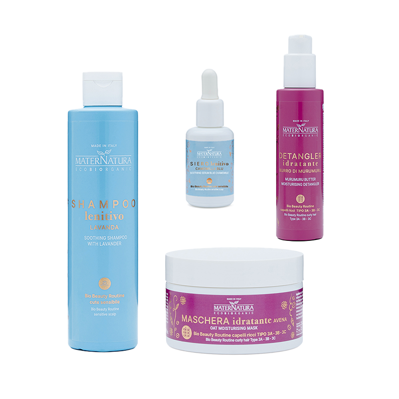 Shampoo lenitivo + siero lenitivo + detangler burro di murumuru + maschera avena