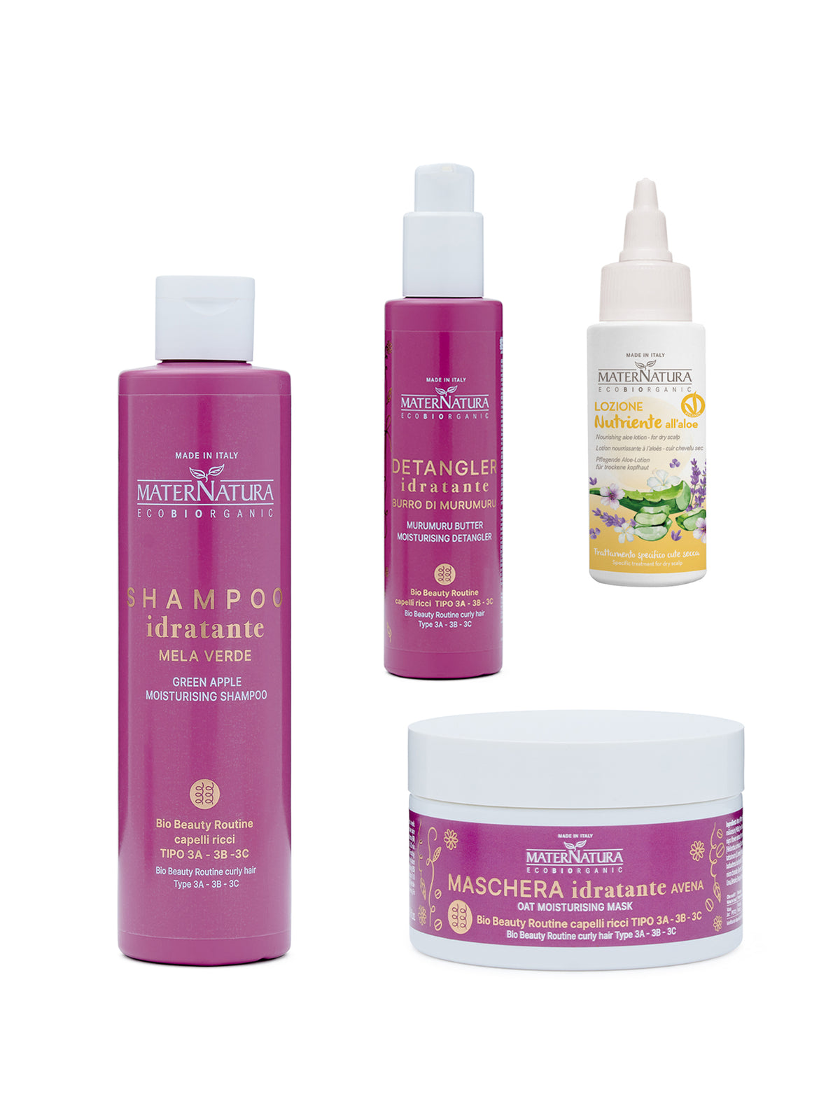 Green apple shampoo + murumuru butter detangler + aloe lotion + oatmeal mask