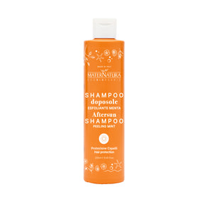 Reparative shampoo hair in the sun with pomegranate flowers